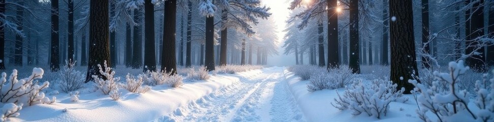Obraz premium Forest path through a blanket of fresh powder, powdered, forest