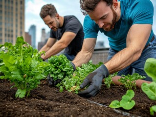 Two Men Engaging in Gardening Activities on a Rooftop, Cultivating Fresh Greens and Enjoying Urban Nature Together in a Vibrant Cityscape