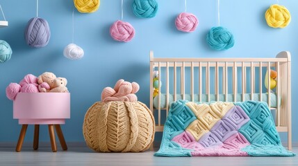 Heartfelt Joy in a Peaceful Nursery Featuring a Hand-Knitted Baby Blanket in Pastel Colors with Cozy Yarn and Adorable Toys Perfect for Babies