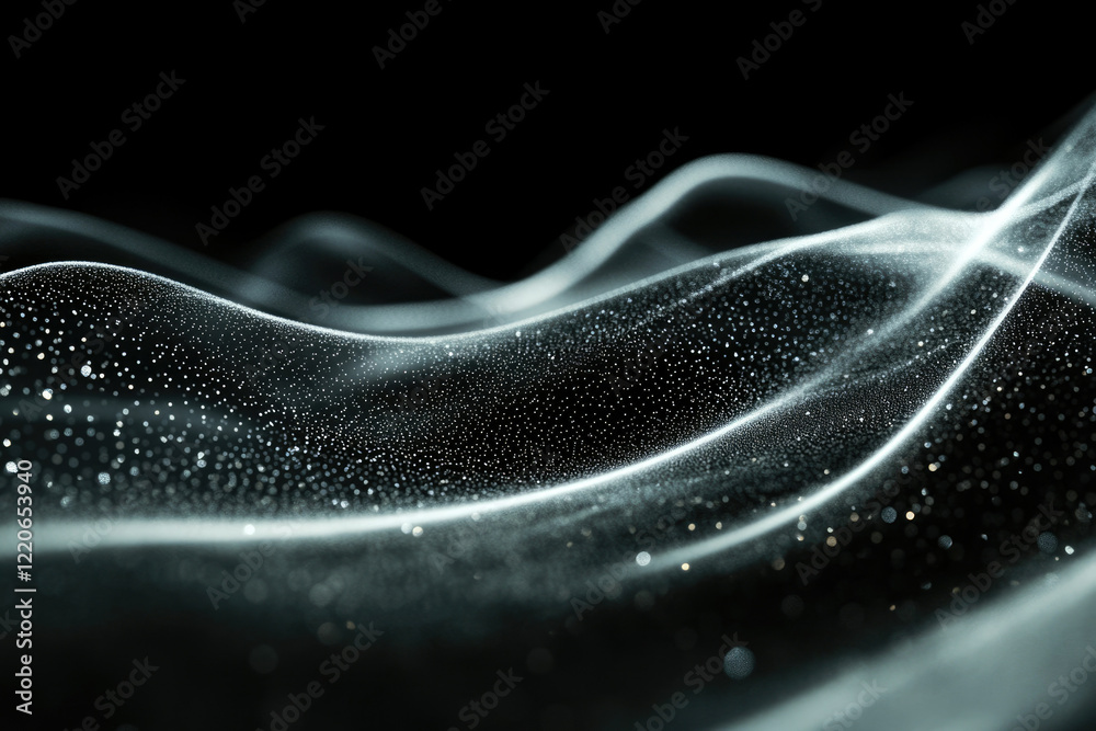 Poster abstract wave of glowing particles on a dark background. digital art, futuristic technology concept.