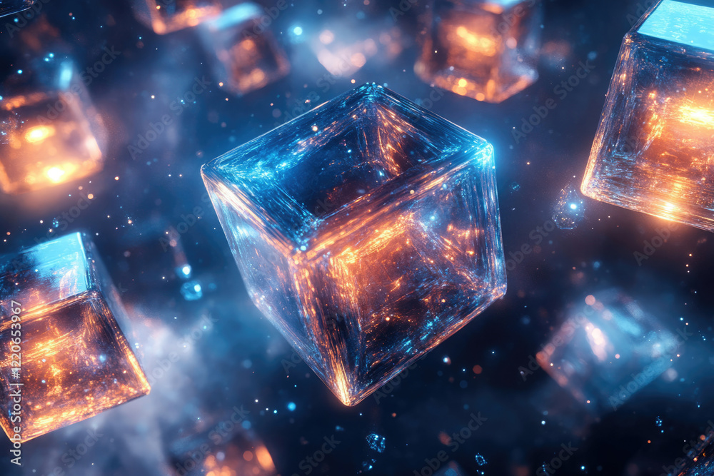 Poster glowing, translucent cubes float in a dark, ethereal space, illuminated with blue and orange hues.