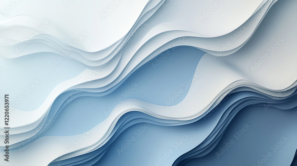 Poster Abstract blue and white layered waves with smooth textures and gradient tones