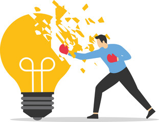 Loss of creative ideas in business. Using sledgehammer and breaks light bulb. Flat vector illustration.

