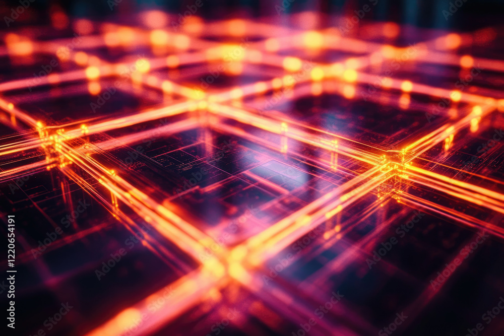 Fototapete abstract digital grid with glowing orange lines, depicting a futuristic network or data flow.