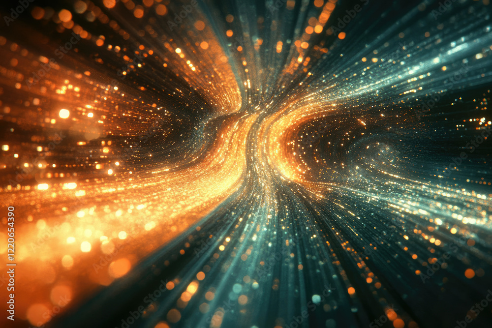 Poster a swirling vortex of glittering particles, a cosmic tunnel of light and color.
