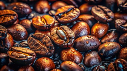 Obraz premium Dark roasted beans glisten, water droplets clinging, low light reveals rich texture. Gourmet coffee's allure.