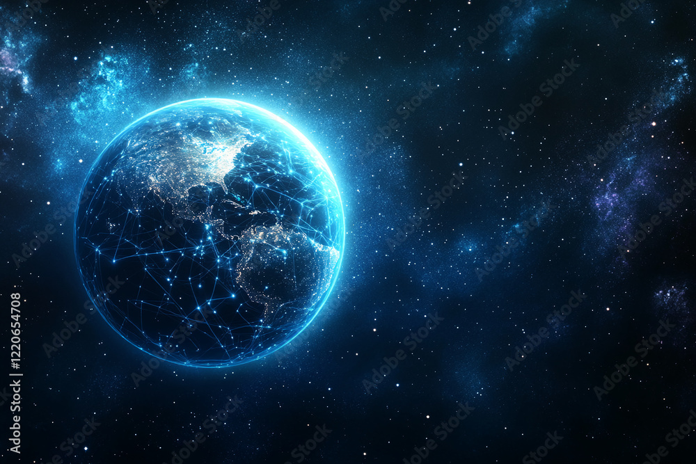 Poster glowing earth in space with connected networks and galaxy stars in a cosmic environment