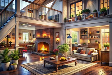 Cozy Traditional Home Interior Cross-Section: Family Life & Living Spaces