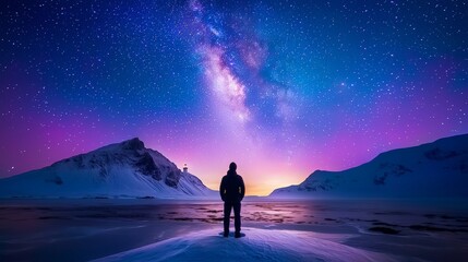 Obraz premium Secluded Lighthouse Illuminated Under a Starry Sky at Night, with Glowing Milky Way and Vibrant Colors Reflecting on the Calm Waters