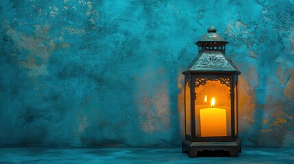 Vintage Lantern with Candle on Blue Wall Background