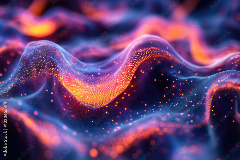Aufkleber Abstract digital landscape with glowing particles forming vibrant waves, showcasing a dynamic and energetic visual.