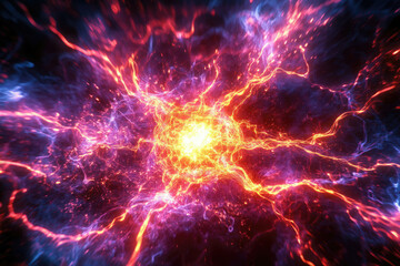 Fototapeta premium Abstract cosmic energy explosion with vibrant red and blue lightning streaks, radiating outwards from a bright core.