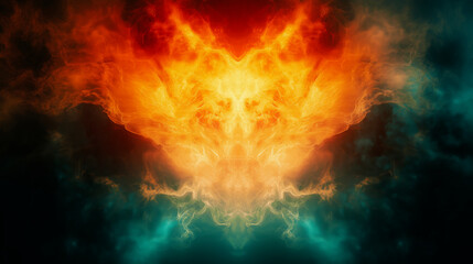 Vibrant abstract image with symmetrical explosion of fiery orange and yellow smoke on dark turquoise and black background .