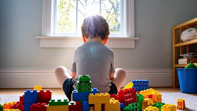Back view of child with autism playing with colorful building blocks