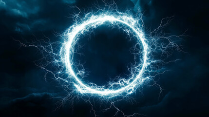 Glowing electrical energy ring with bright blue lightning bolts radiating outwards on a dark cloudy background .