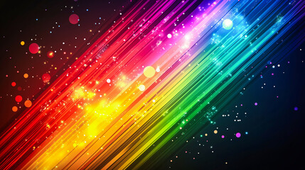Colorful abstract background with diagonal rainbow stripes, glowing glitter and floating bokeh lights .
