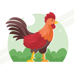 An illustration of a colorful rooster representing vibrancy and farm life
