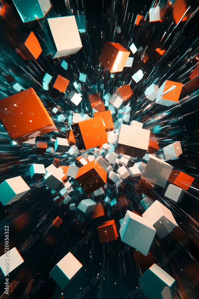 Poster vibrant 3d cubes in dynamic motion with glowing light effects and abstract depth. business backgroun