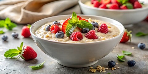 Creamy Oatmeal Porridge on Light Stone Background - Delicious Breakfast Food Stock Photo