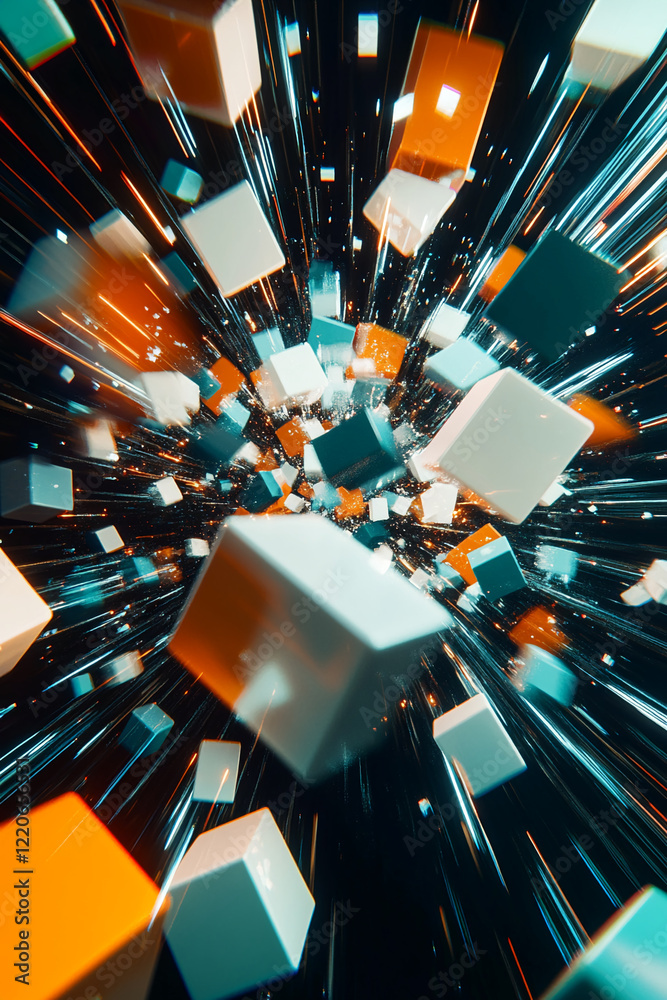 Aufkleber Dynamic 3D cubes exploding in vibrant motion with glowing light trails. Business background