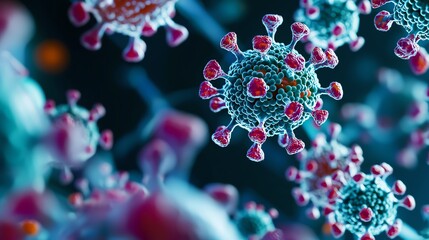 The image depicts a close-up view of virus particles, showcasing their intricate structure, colors, and spikes, emphasizing their microscopic nature.
