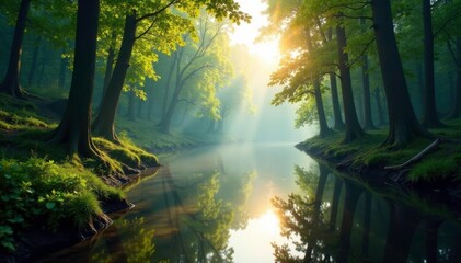 Obraz premium Forest scene reflected on river surface with sunlight filtering through, natural, scenery, light