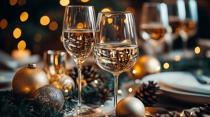 glasses of champagne with christmas decorations
