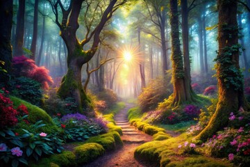 Obraz premium Enchanting forest trail: a whimsical, mystical journey through a magical panoramic landscape.