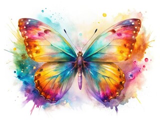 Ethereal watercolor butterfly, double exposed, splashed with paint, artfully photographed against a white backdrop.
