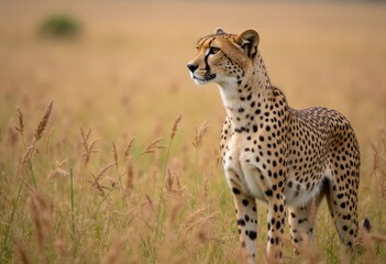 Naklejka premium Cheetah standing in tall grass field looking left
