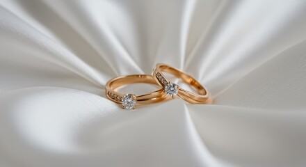 A pair of gold rings with solitaire diamonds placed on a white satin fabric