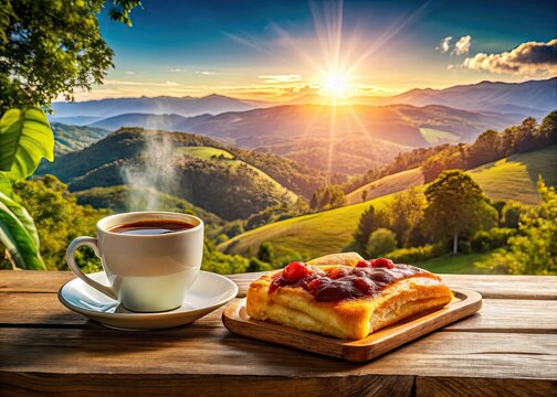 Golden cachito, strong coffee aroma, Venezuelan sunrise paints the landscape.