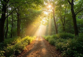Fototapeta premium Dirt path through forest with sunlit trees