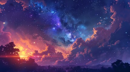 Naklejka premium The image is a beautiful landscape of a starry night sky. The sky is dark blue and filled with bright stars and colorful clouds.