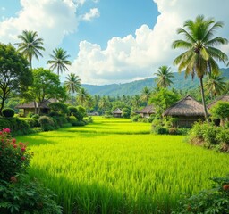 Obraz premium Green rice paddies and hut roofs under blue sky and clouds