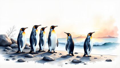 Obraz premium Adelie penguins standing on rocky beach at twilight, nature's harmony