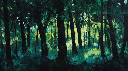 Obraz premium A dense forest with black tree trunks and deep green leaves, creating an intense yet peaceful scene of shadow and light filtering through the canopy 