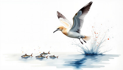 Obraz premium Gannet diving for fish in polar seas, dynamic water action