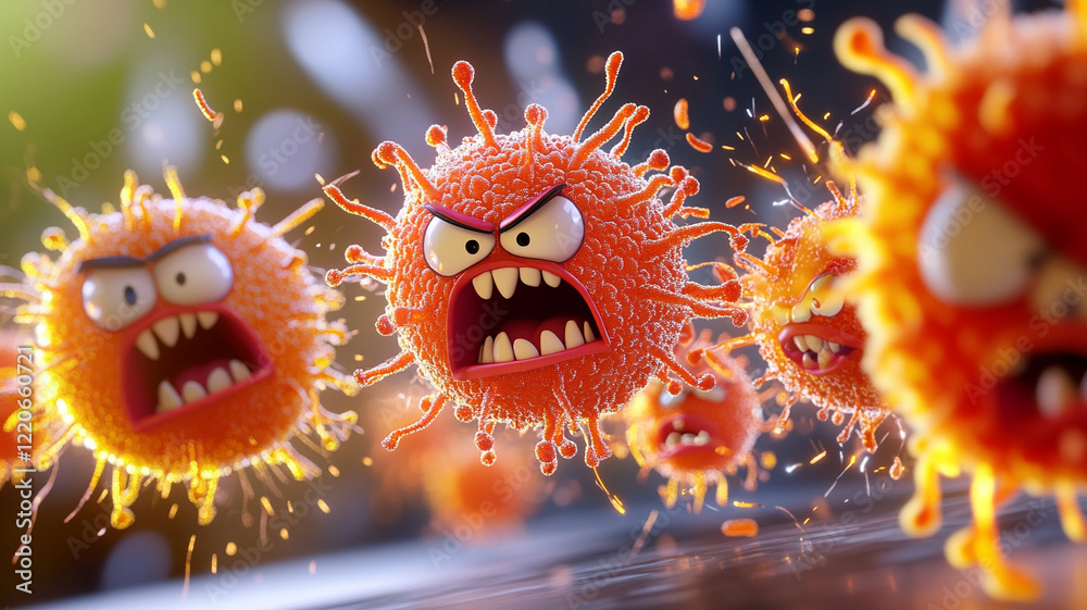 Fototapete Angry Cartoon Viruses in Dynamic 3D Rendering A Colorful and Aggressive Microbe Illustration