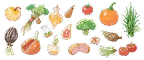 colorful food elements clipart on white background
