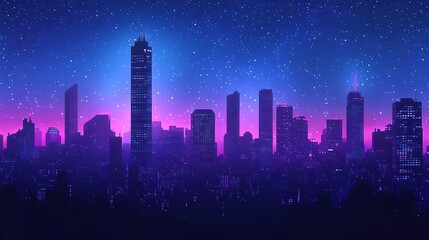 Cyber punk city illustration with a night sky