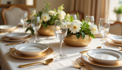 Fototapeta premium Luxurious dining setup with gold accents and floral centerpiece, elegance