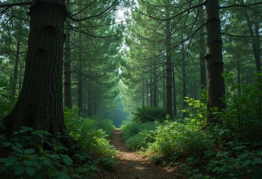 Path through a dense forest with tall trees and green plants - Powered by Adobe