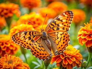 Fototapeta premium Damaged Orange Butterfly on Marigold, Shanghai, China - Stock Photo