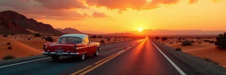 Fototapeta premium Classic car on desert highway, sun sinking below horizon , sand, horizon
