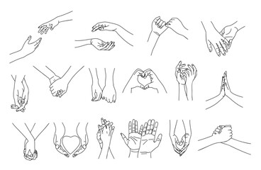 Holding Hands, Outline Drawing, Hand Holding together. Love, friendship, unity and support concept. Monochrome hand drawn ink style sketch. Vector illustration isolated