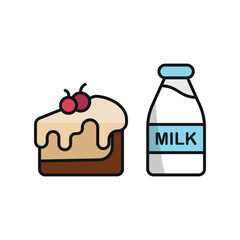 Milk bottle drink and cheesecake food icon with a sleek and minimalist flat design, featuring clean lines and a modern aesthetic, perfect for contemporary UI/UX projects and food-related branding.