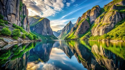 Jagged cliffs mirrored perfectly in still fjord waters; a breathtaking symmetrical landscape.