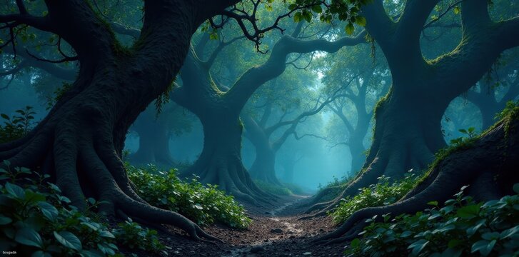 Immense shadows, tangled vines, utter blackness, dark, green