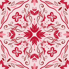 Ornamental Floral Tile Pattern in Red and Pink
